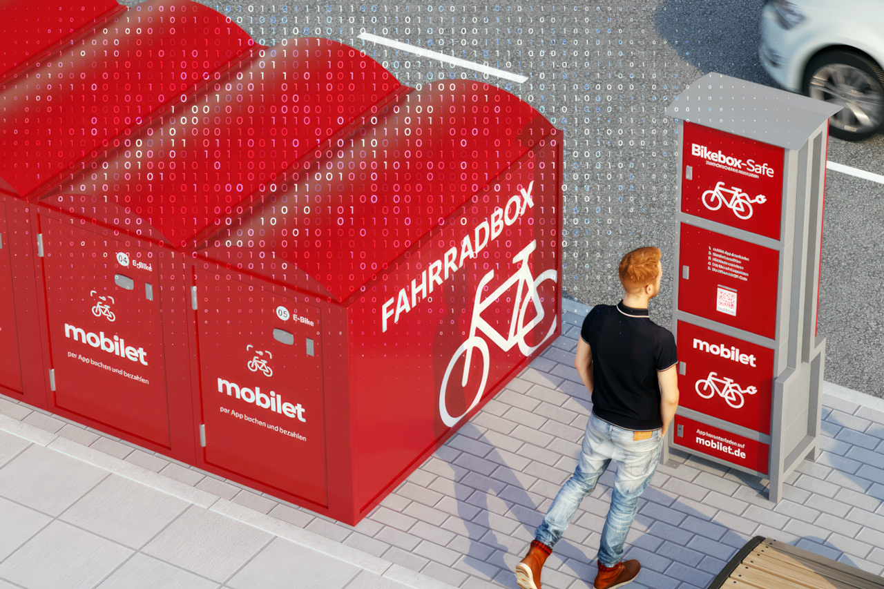 Die Kombination aus Fahrradbox und BikeSafe mit themenbezogener Folierung. Beide Möglichkeiten sind digital buchbar.